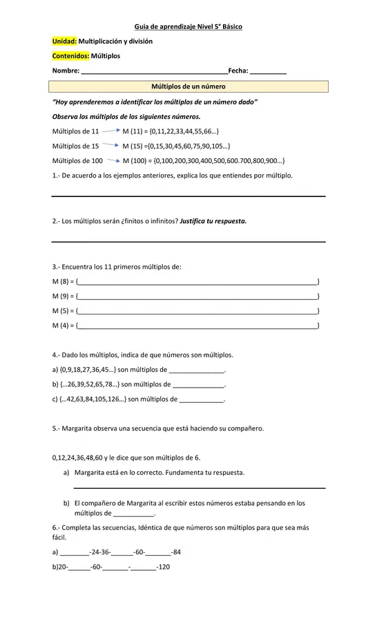 Guía de aprendizaje de matemática nivel 5°