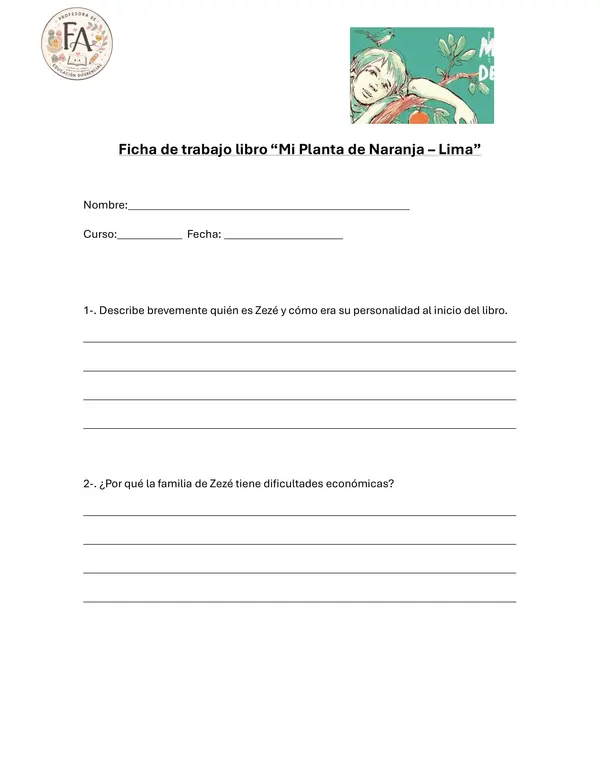 Ficha de trabajo libro "Mi planta de Naranja - Lima"