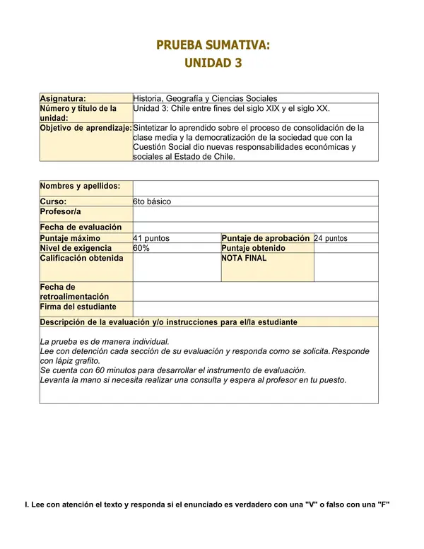 Prueba de Historia para sexto básico: Unidad 3 “Chile entre fines del siglo XIX y el siglo XX”