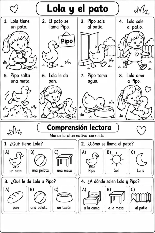 Comprensión lectora "Lola y el pato" para primeros lectores con pictogramas