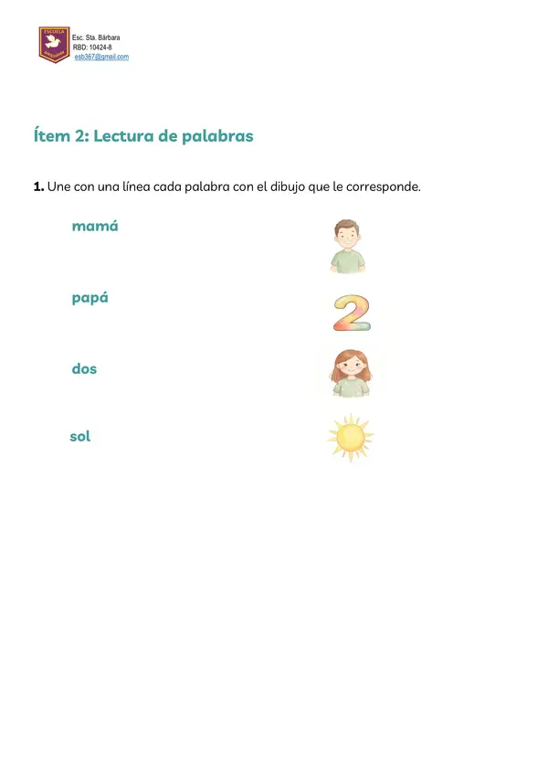 Evaluación lectoescritura 1° básico" letras m, p, l, s, t, d