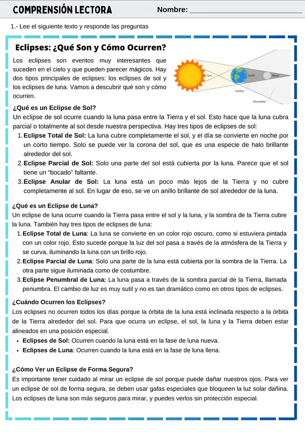 Comprensión Lectora: El Universo - Eclipses, Luna, ALMA y Sol Ciencias Naturales