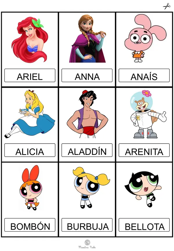 Tarjetas. Personajes animados con inicial A-Z. Tres fuentes.