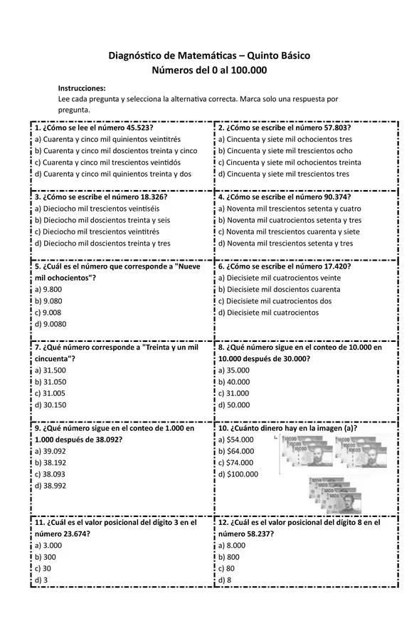 Evaluación diagnostica 5° año 