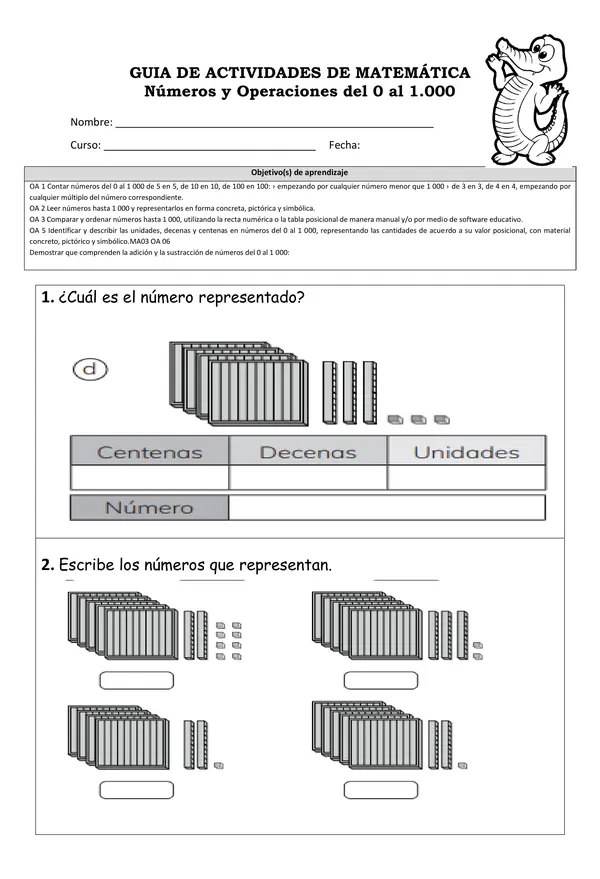 Guía editable de matemática de números y operaciones del 0 al 1.000