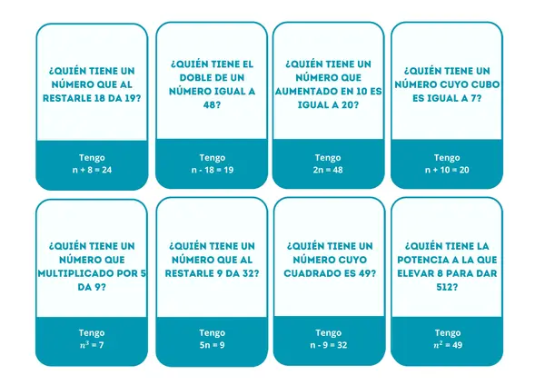 Tarjetas educativas para emparejar ecuaciones. Lenguaje coloquial y simbólico