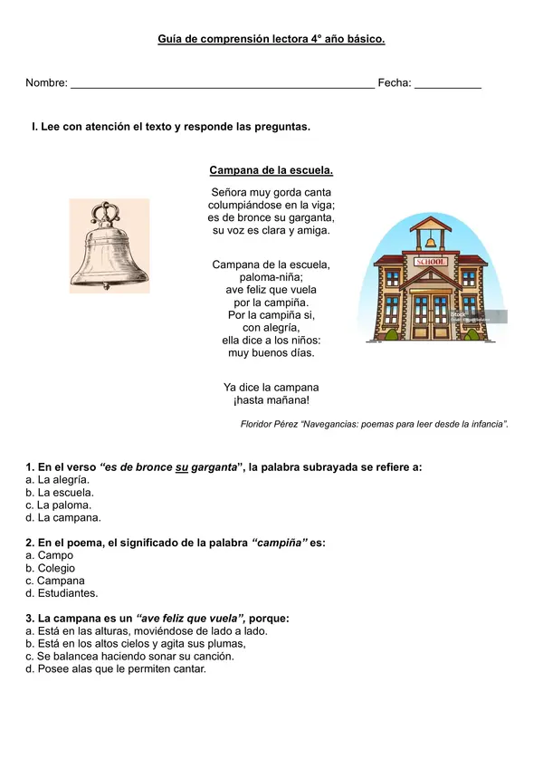 Guía de comprensión "Poema: Campana de la escuela" 4° año básico.