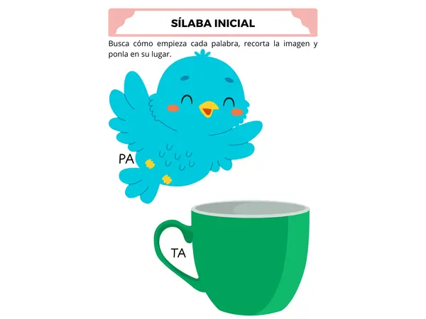Reconocimiento de sílaba inicial con PA, TA, RE, LE y MA.