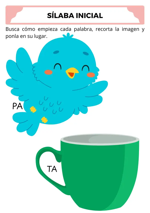 Reconocimiento de sílaba inicial con PA, TA, RE, LE y MA.
