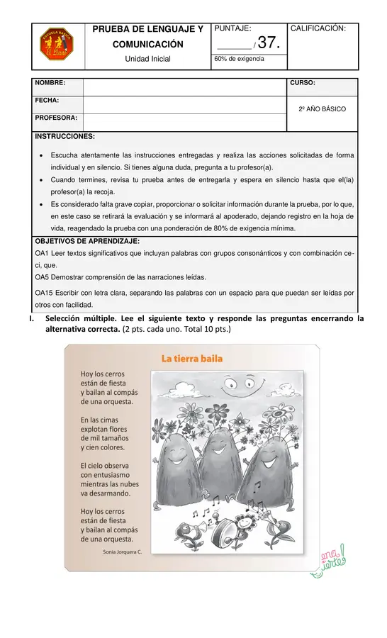 Prueba de Lenguaje y C. 2° básico correspondiente a la unidad inicial (marzo) con adecuación.