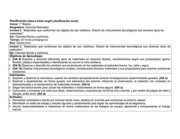  Planificación Mensual Clase a Clase - NATURALES, PRIMERO BASICO, UNIDAD3