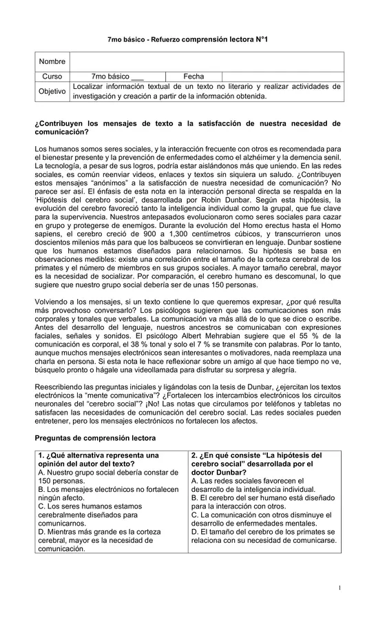 7mo - Refuerzo comprensión lectora: Localizar + reflexión y creación