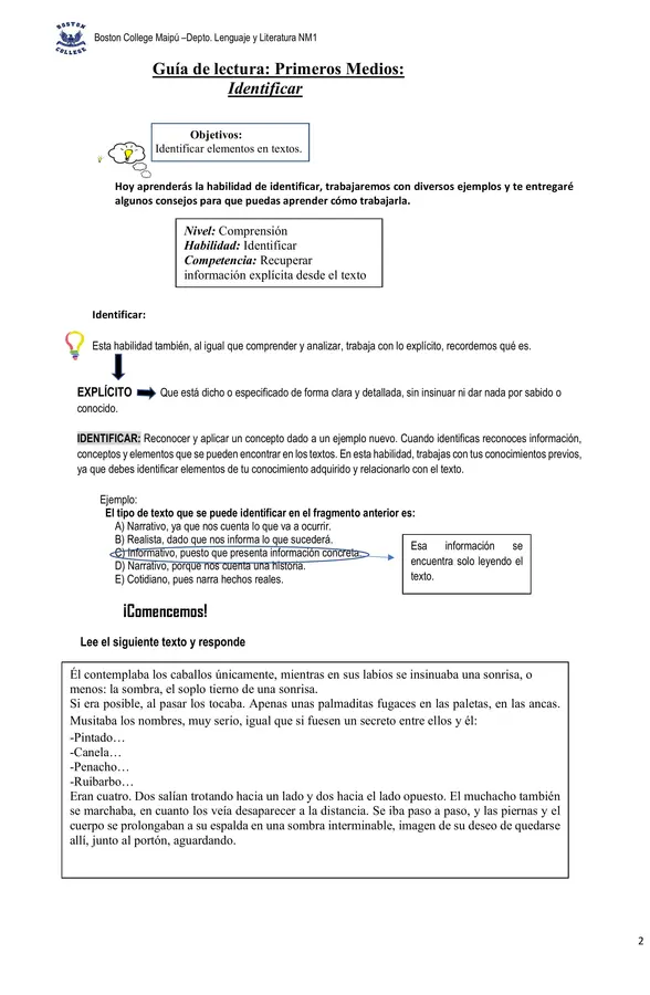 Guía comprensión lectora, segundo medio, habilidad identificar