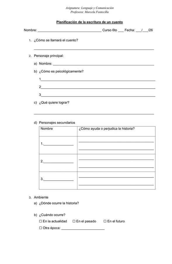 Planificación de la escritura de un texto narrativo
