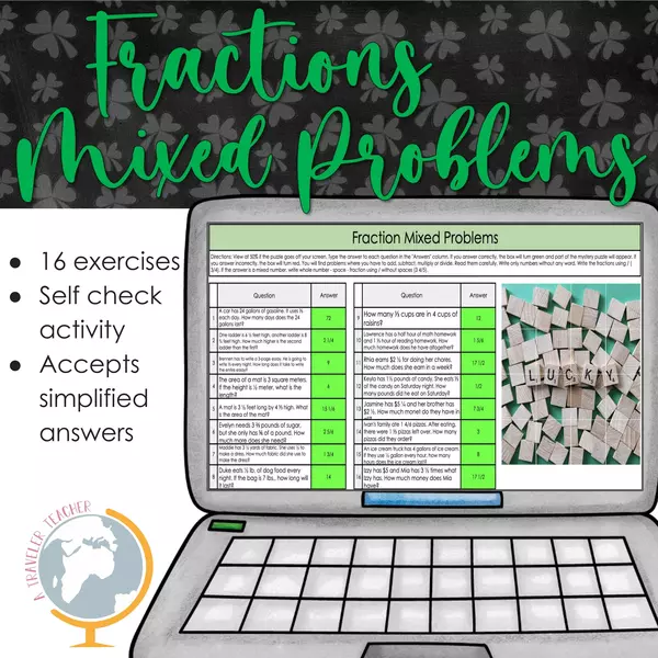 Fractions mixed problems St. Patrick's mystery puzzle