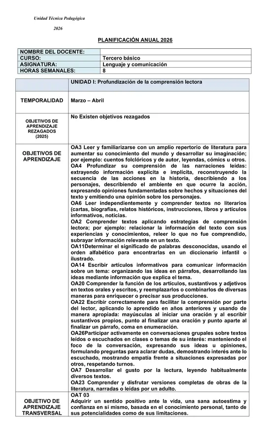 PLANIFICACION ANUAL LENGUAJE TERCERO BÁSICO(currículum vigente 2026)