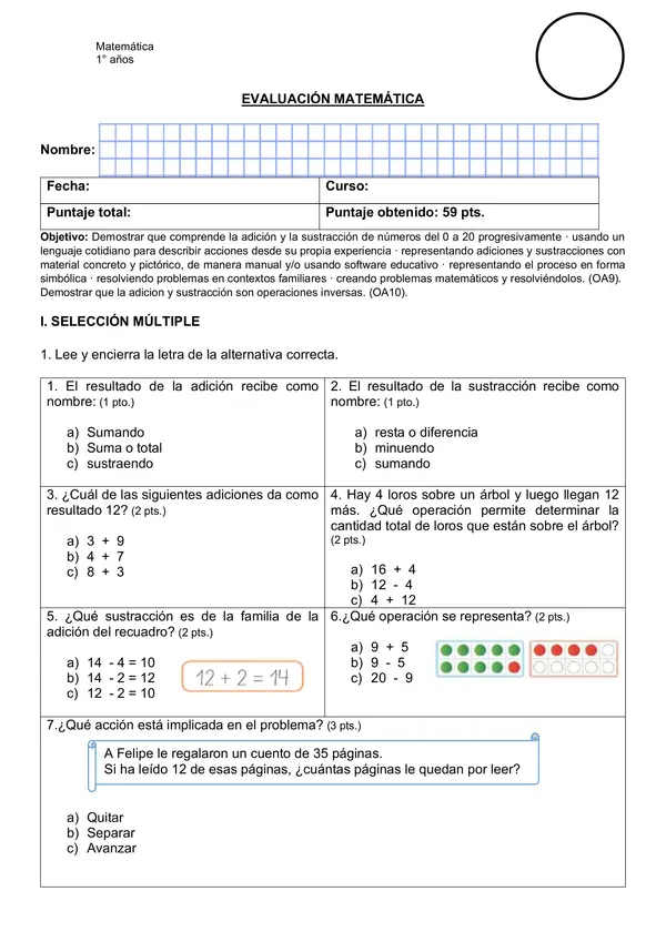 Evaluación de adición, sustracción y familia de operaciones