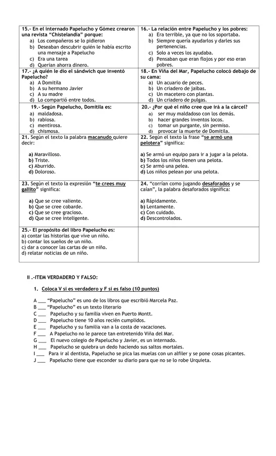 Prueba de Lectura "Papelucho" Marcela Paz