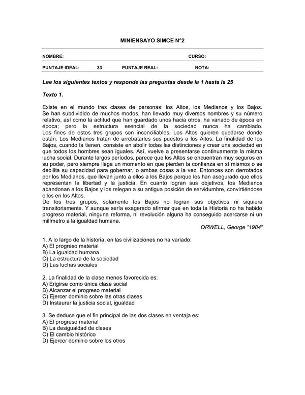 Evaluacion de Lenguaje 6 Basico: comprension lectora tipo SIMCE