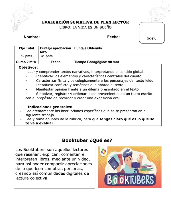 Pauta para evaluar plan lector: BOOKTUBERS