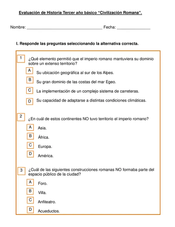 Evaluación de Historia, tercer año "Civilización Romana"