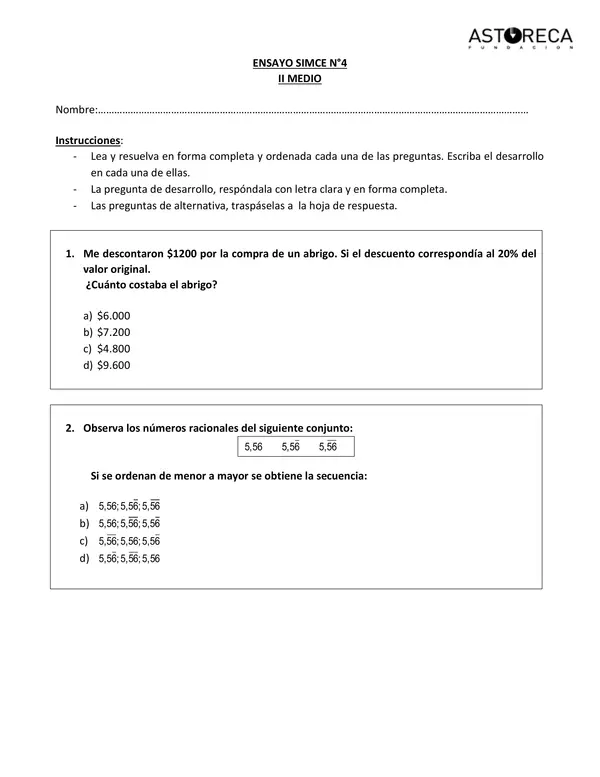 Ensayo simce, matemáticas, 2do año medio III