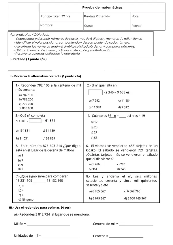 Prueba de matemáticas 