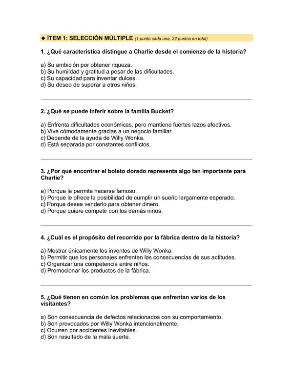 Prueba del libro "Charlie y la fábrica de chocolate" 5° básico