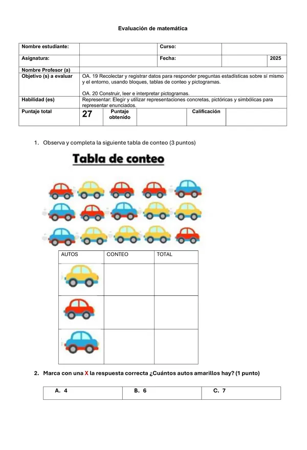 EVALUACIÓN DE CONTEO PICTOGRAMA 