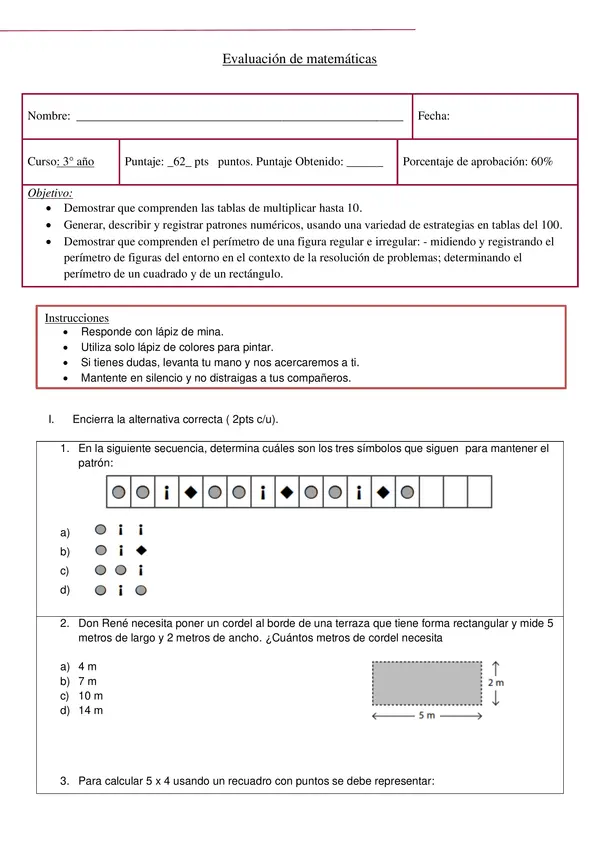 Evaluación de patrones, multiplicación, perímetro.