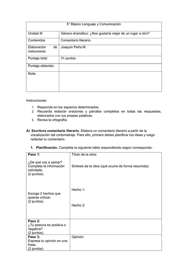 Evaluación 5to - 6to básico - Escritura/Elaboración comentario literario