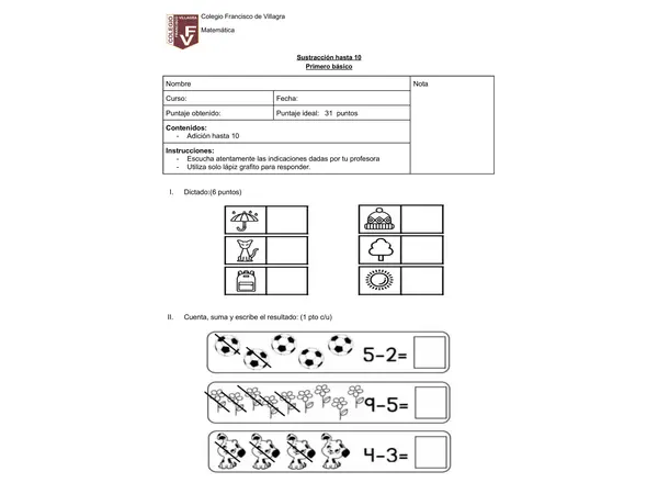 evaluación restas hasta 10