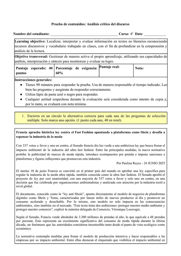 Prueba de contenidos: Análisis crítico del discurso (tipo paes)
