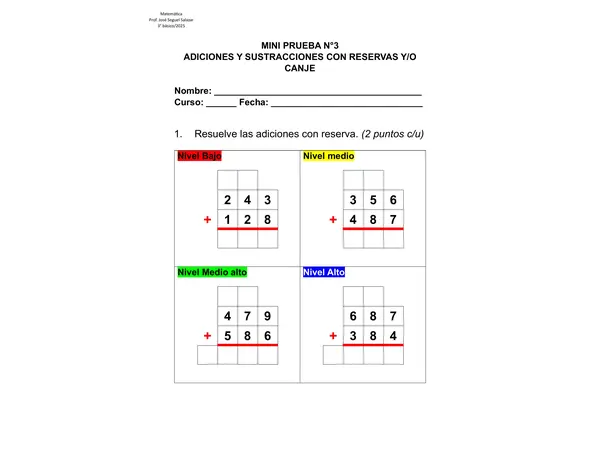 📚 Mini prueba de Matemáticas - Sumas y Restas con Reserva y/o Canje 🧮