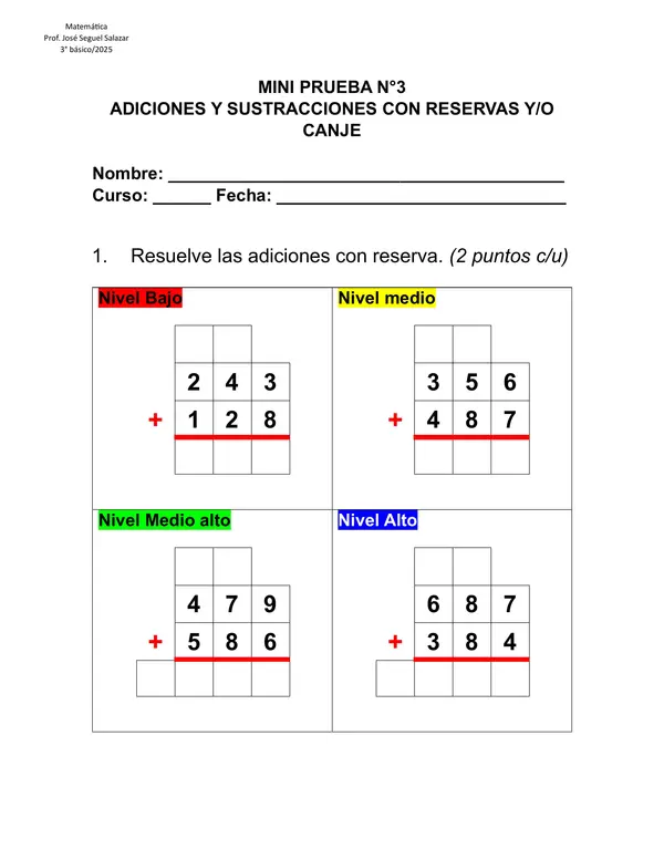 📚 Mini prueba de Matemáticas - Sumas y Restas con Reserva y/o Canje 🧮