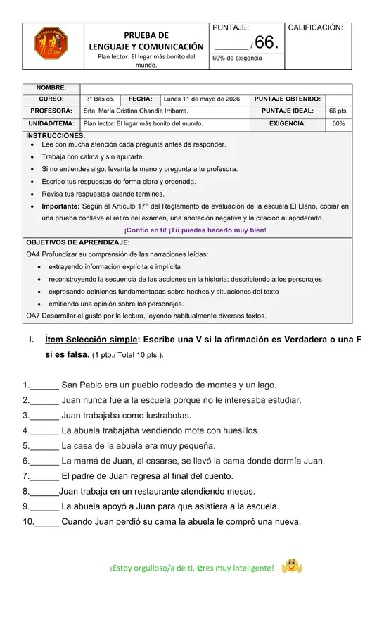 Prueba del libro el lugar más bonito del mundo. 