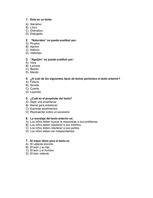 Evaluacion de Lenguaje 6 Basico: comprension lectora: el leon y su cachorro