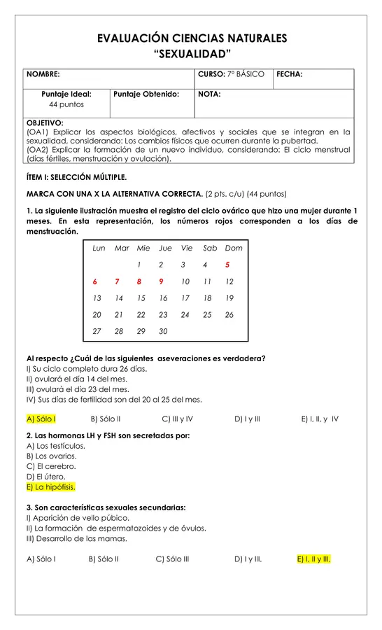 Prueba 7° - Sexualidad