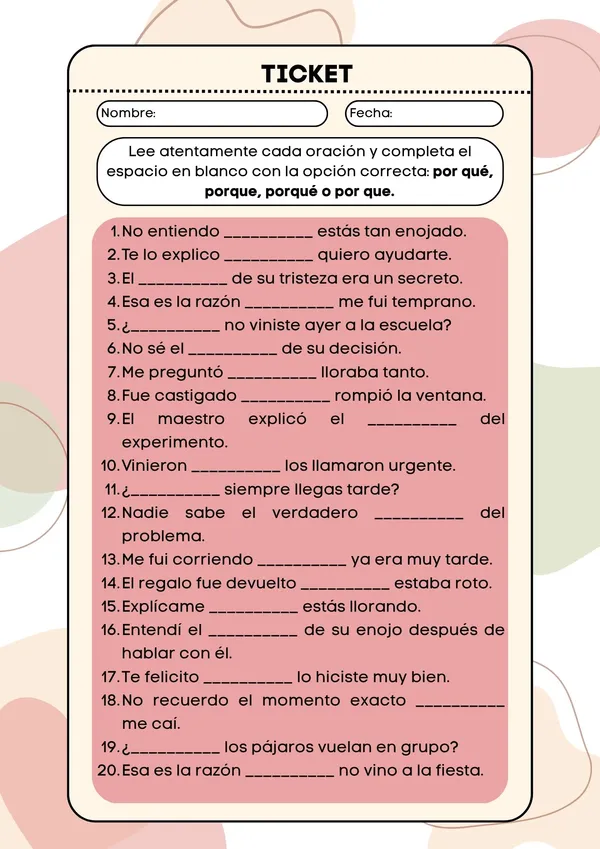 Ticket uso de porqué, porque, por qué y por que