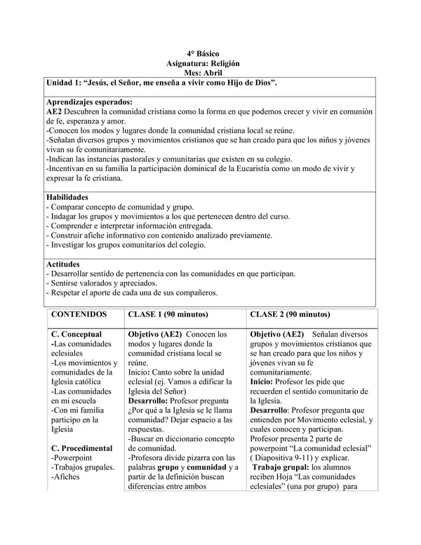 Planificación Clase a Clase: Abril | Religión Católica Cuarto Básico