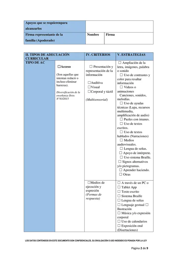 Documento PACI Plan de Adecuación Curricular Individual 2º básico.