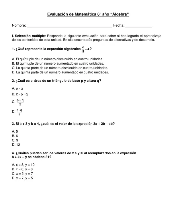 Prueba  6° año básico "álgebra"