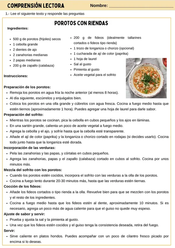 Lenguaje: Comprensión Lectora - Recetas Chilenas
