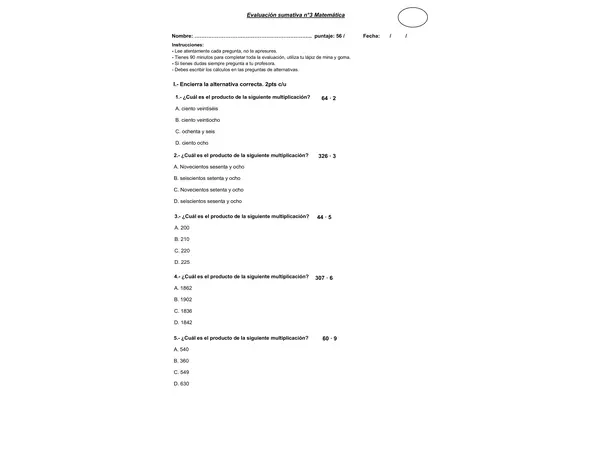 evaluación multiplicación y división 4to básico