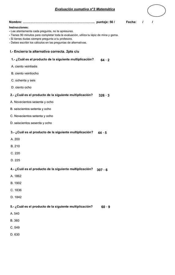 evaluación multiplicación y división 4to básico