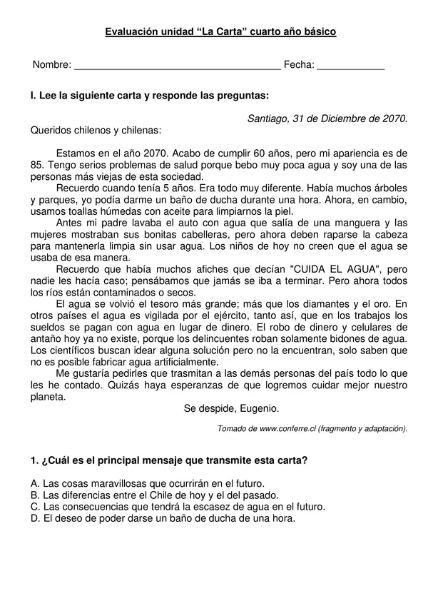 Evaluación "Carta" 4° año básico