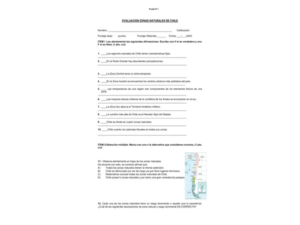  Evaluación Zonas naturales de chile, Ciencias Naturales