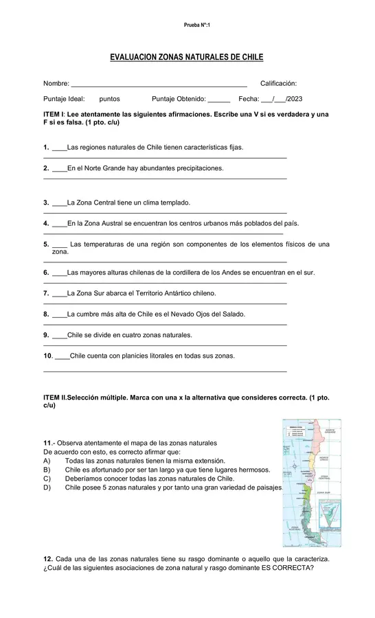  Evaluación Zonas naturales de chile, Ciencias Naturales