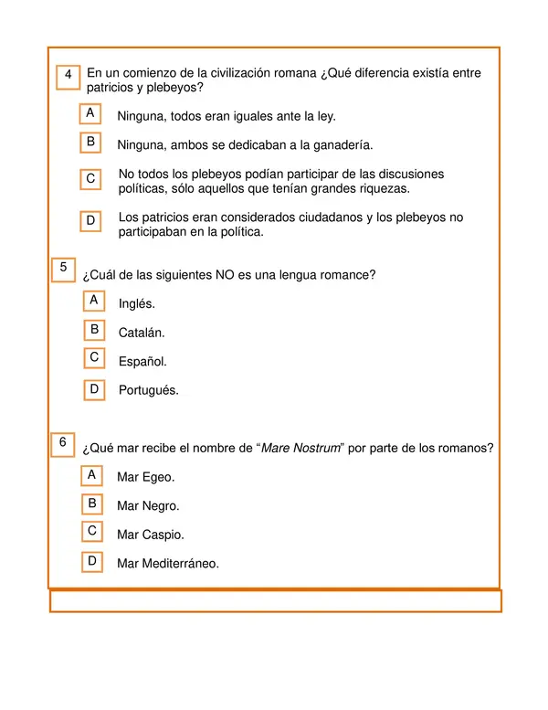 Evaluación de Historia, tercer año "Civilización Romana"