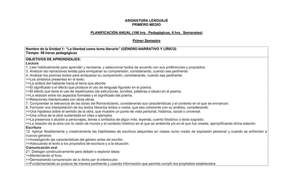 Planificacion Anual Primero Medio, Lenguaje 